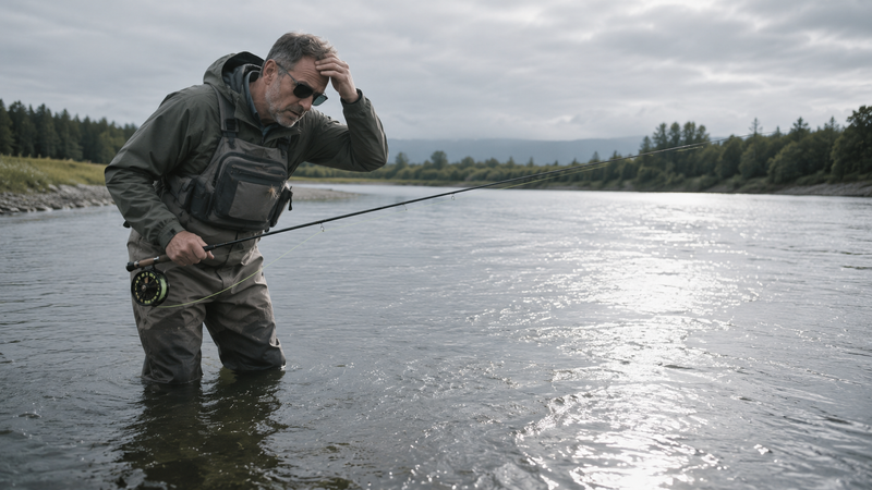 Fisherman unable to see below water surface